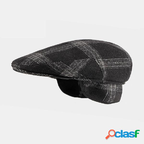 Men Felt Orelha Protection Keep Warm Plaid Padrão Casual