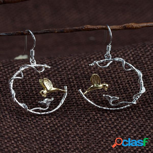Pequeno Fresco 925 Banhado a Ouro Brincos Flor Pássaro