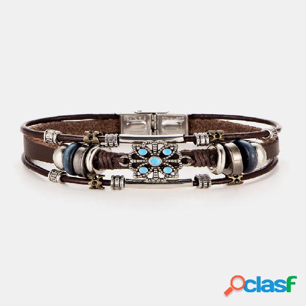 Pulseira Bohemian Mulyilayer Pulseira de couro com flor de
