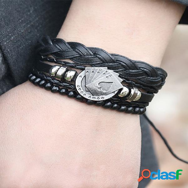 Pulseira de liga de couro PU vintage trançada Black 3 PCS