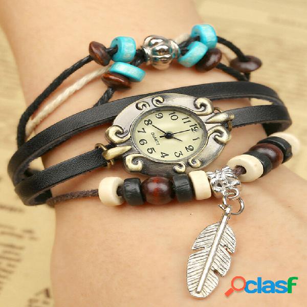 Quartzo multicamada de couro vintage Watch Pulseira de couro