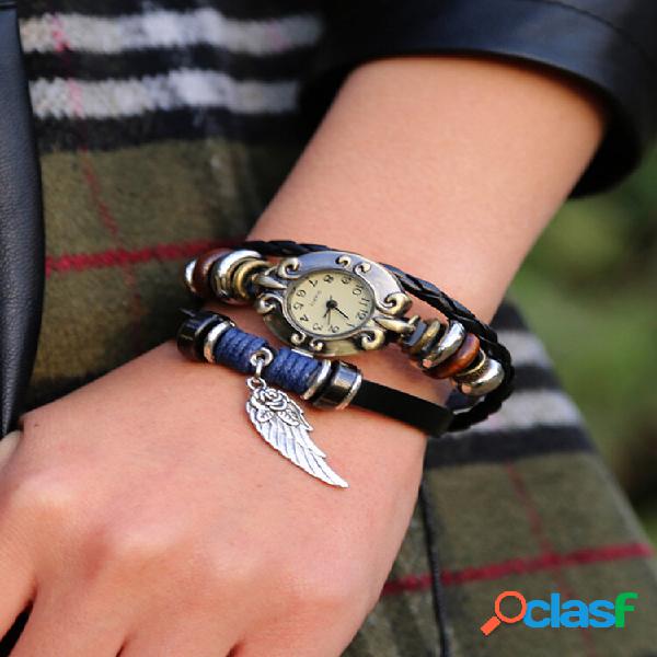 Quartzo multicamada em couro vintage Watch Diamond Feather