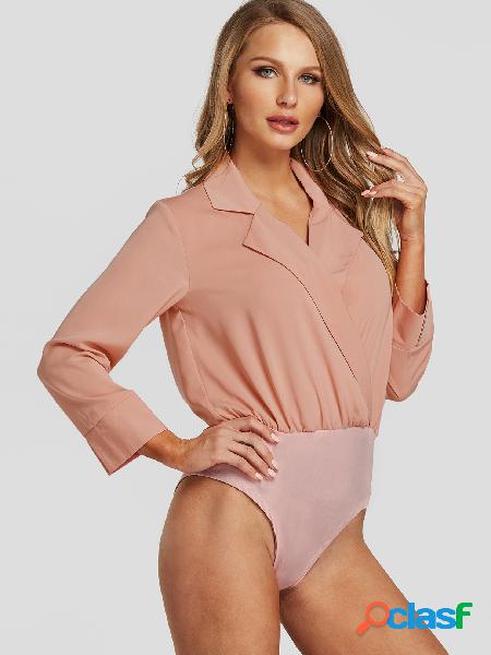 Rosa Body de mangas compridas com gola de lapela