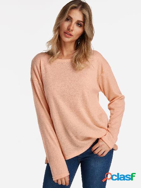 Rosa T-shirts de mangas compridas com decote redondo liso
