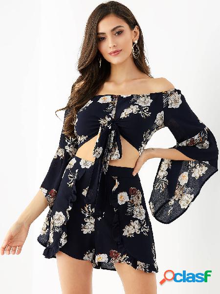 Roupas de duas peças com estampa floral marinha aleatória