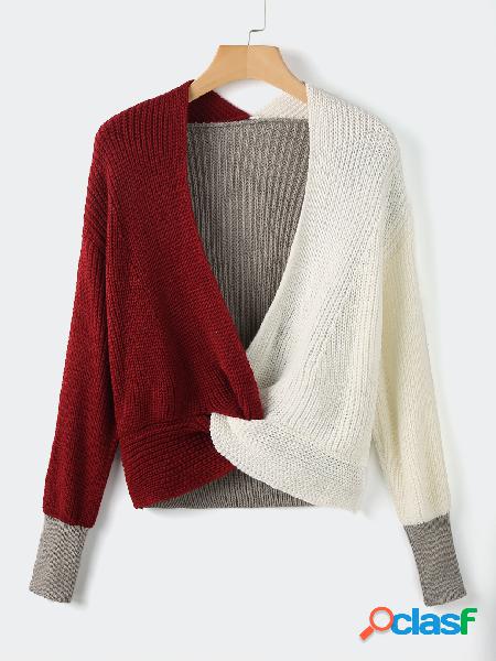 Suéter Patchwork Twist com decote em V de mangas compridas