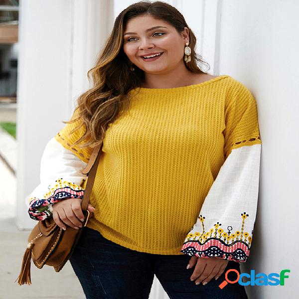 Suéter tamanho Plus patchwork amarelo bordado em volta do