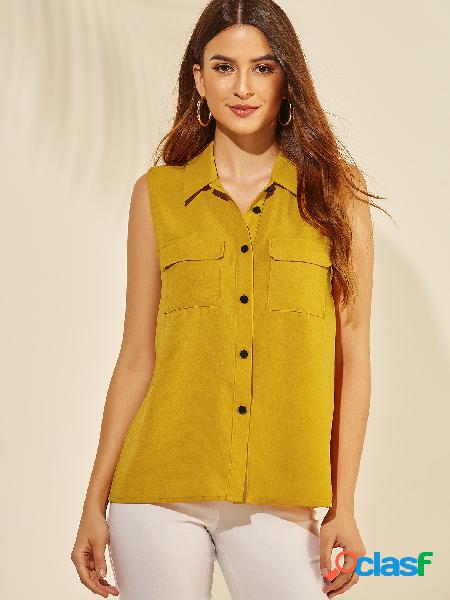 YOINS Amarelo Classic Colarinho Bolsos Frente Camiseta Tank