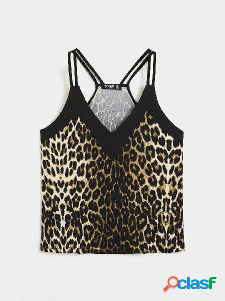 YOINS BASICS Black Animal Leopard com decote em V Cami