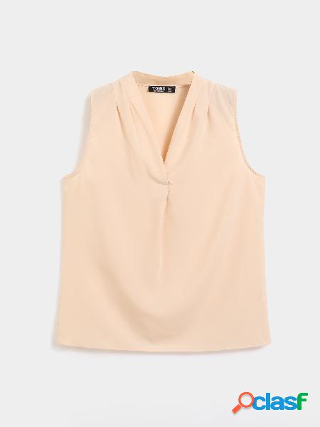 YOINS BASICS Top bege com decote em V sem mangas pregueado