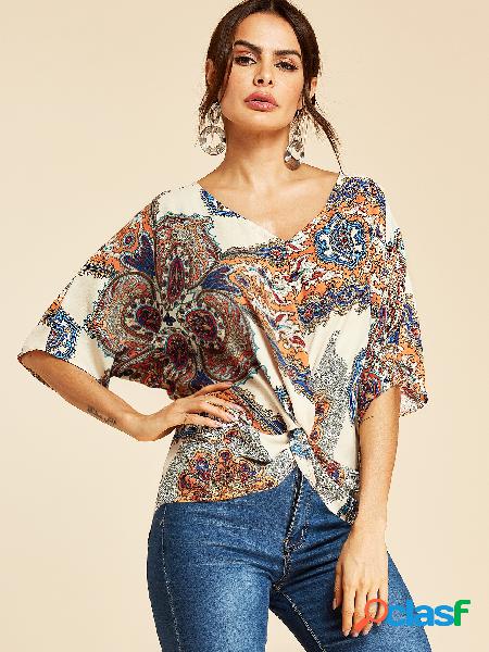 YOINS Blusa Apricot Paisley Estampa Decote V Twist Mangas
