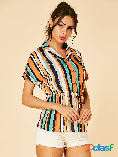 YOINS Blusa Multi Stripe Lapel Collar Cordão Cintura