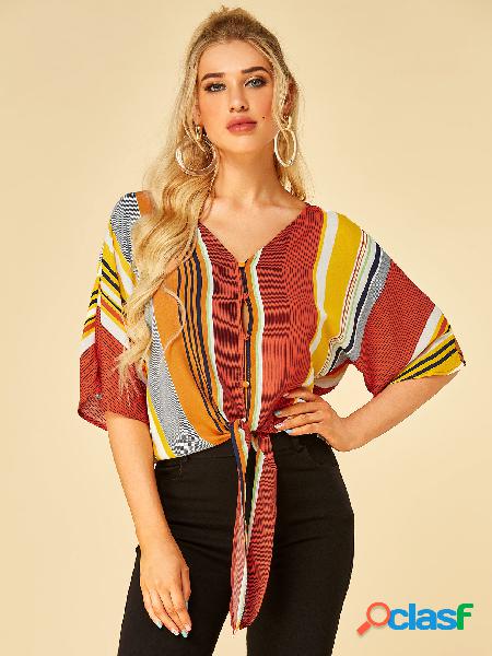 YOINS Blusa Multicolor Stripe Knotted V-neck Meia Mangas