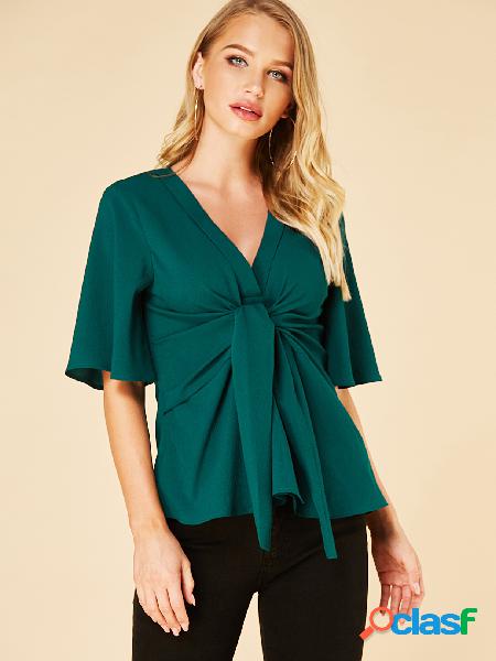 YOINS Blusa Verde Twist Front Gola V Meia Mangas