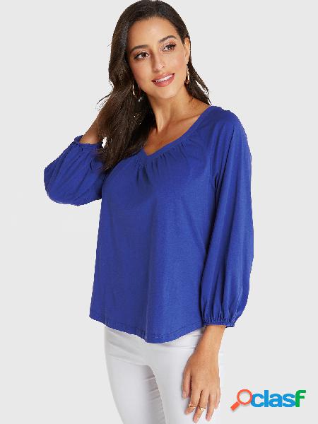 YOINS Blusa azul com decote em V mangas elásticas