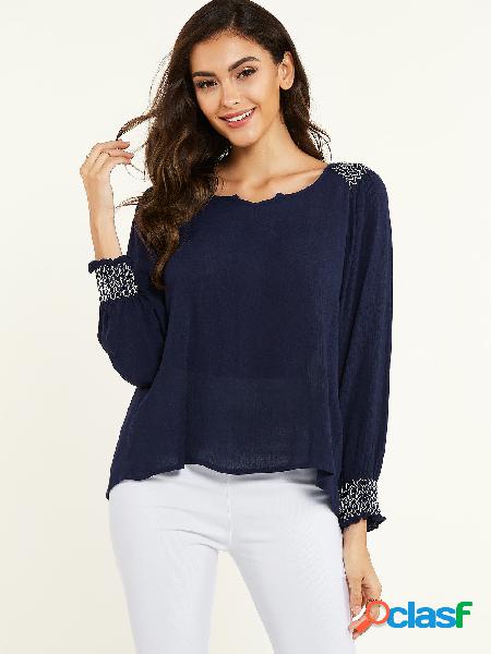 YOINS Blusa azul marinho shirring decote redondo de mangas
