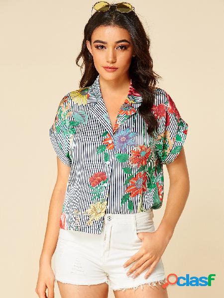YOINS Blusa de lapela com estampa floral listrada marinho