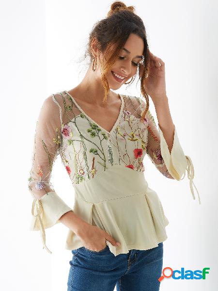 YOINS Blusa de malha de damasco bordada com decote em V com