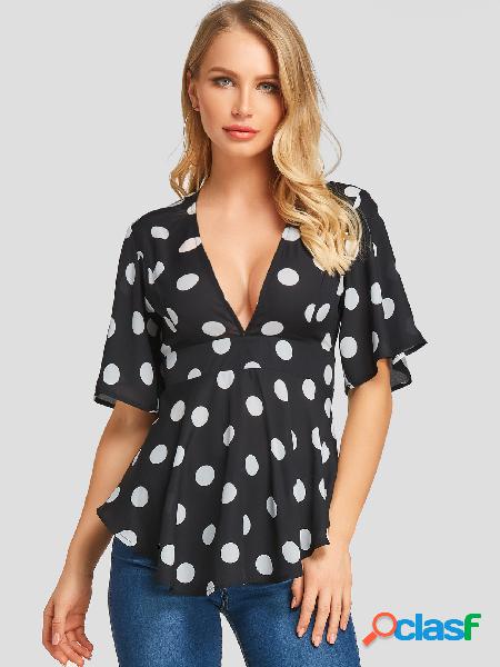 YOINS Blusa preta de bolinhas com decote em V colado na