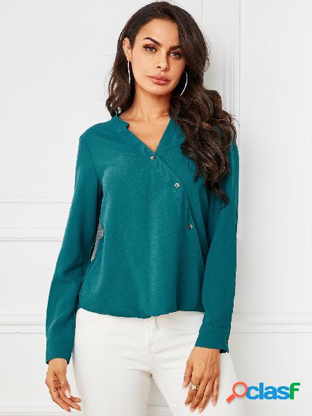 YOINS Botão Verde Design Blusa com decote em V