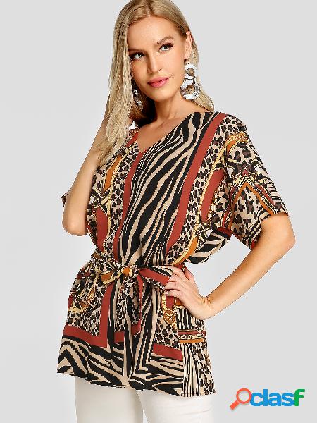 YOINS Brown Knotted Leopard Zebra Blusa com decote em V com