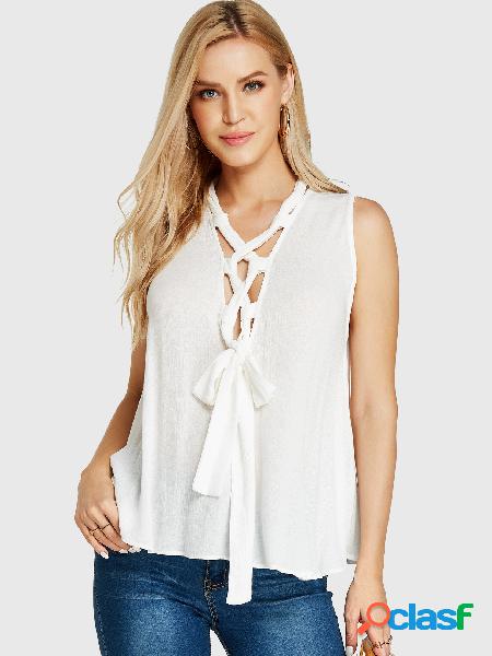 YOINS Camiseta branca com decote em V com cordões Design