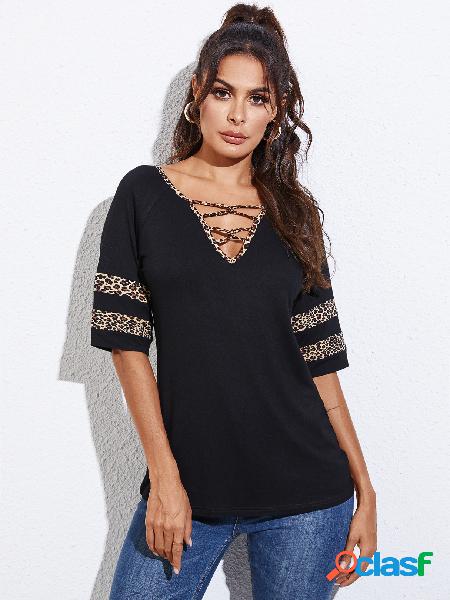 YOINS Camiseta de mangas curtas com decote em V preta