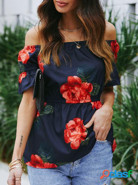 YOINS Camiseta floral marinho estampado no ombro e elástico
