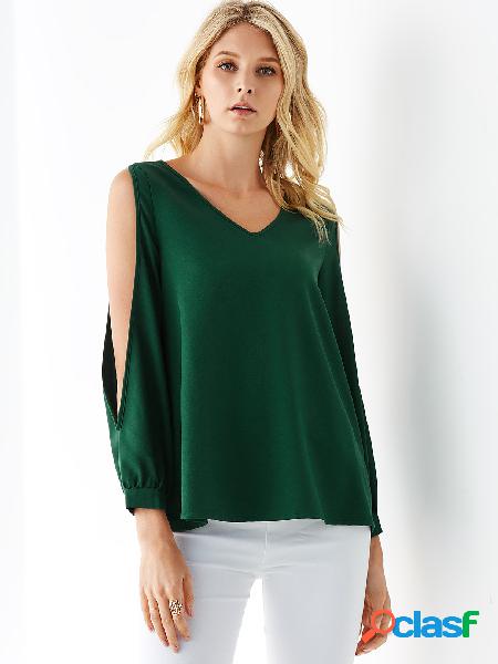 YOINS Green Cold Shoulder Design Blusa de mangas compridas
