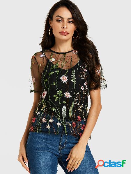 YOINS Malha preta floral bordada com forro camiseta
