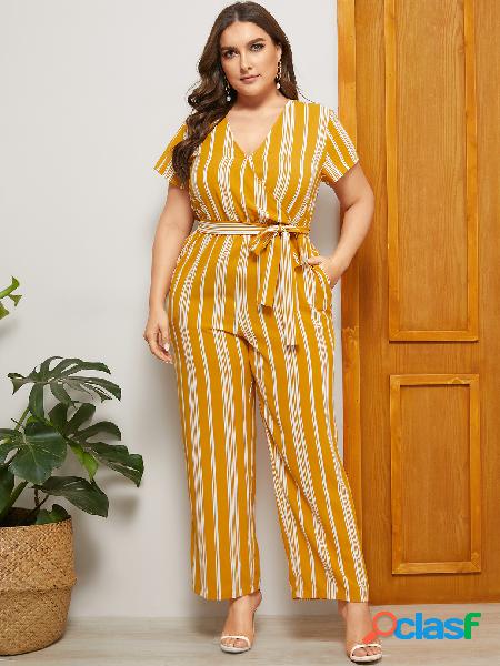 YOINS Plus Macacão tamanho amarelo listrado com decote em V