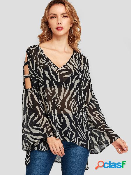 YOINS Preto Zebra Blusa Animal com Decote em V Recorte