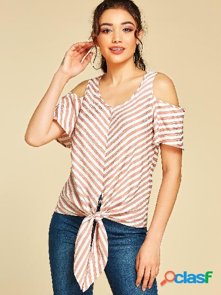 YOINS Rosa Blusa Stripe Cold Shoulder com decote em V Design