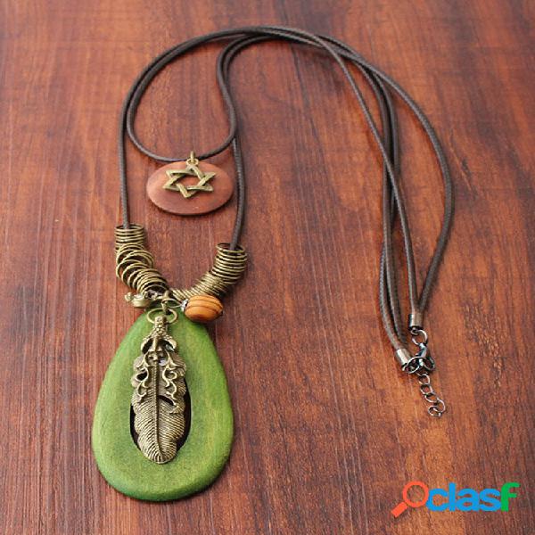 Bohemian Feather Oval Wood Pingente Colares Vintage Dupla