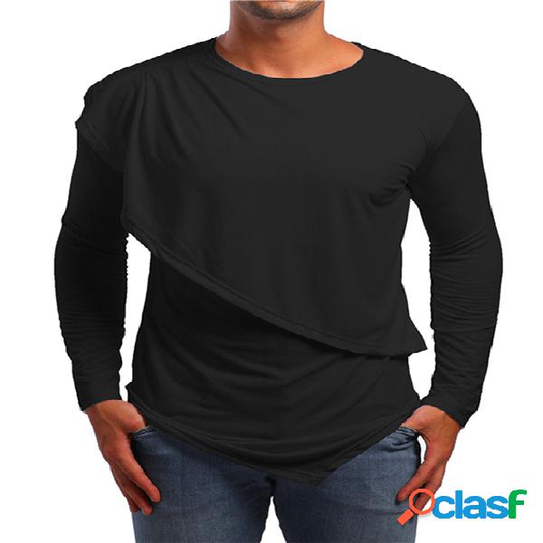 Camiseta masculina outono casual de algodão liso
