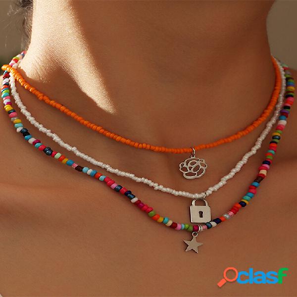 Conjunto de colares de liga de contas com 3 unidades estilo