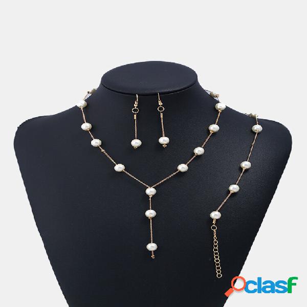 Conjunto de joias de ouro da moda com corrente de pérolas