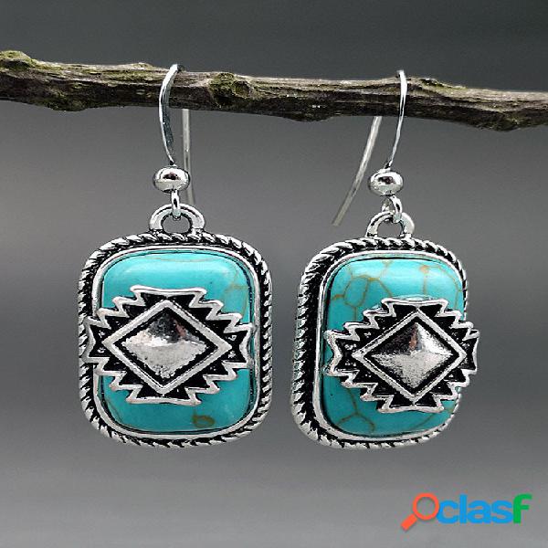 Escudo Retângulo Vintage Feminino Brincos Turquesa Pingente