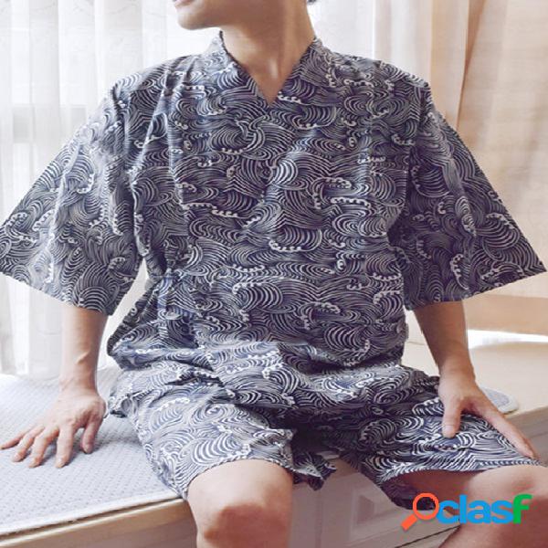 INCERUN Fato de pijama com nó de manga curta em algodão