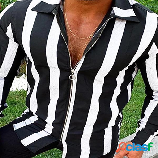 INCERUN Masculino Fashion Stripe Print Zipper manga comprida