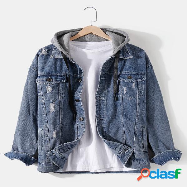 Jaqueta jeans rasgada masculina com estampa de algodão ao