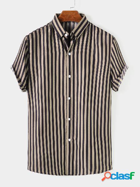 Masculino verão casual algodão listrado frontal botão