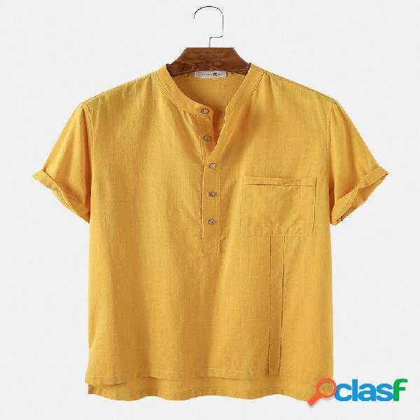 Mens 100% Algodão Sólido Casual Stand Collar Henley Shirts