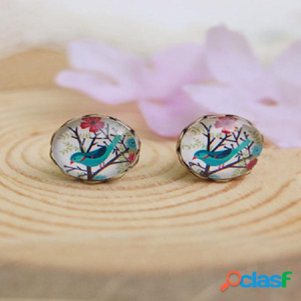 Mulheres impressas em vidro vintage Orelha Stud Flower Bird