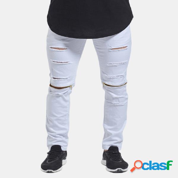 Skinny Hip Hop rasgado furos joelho Zipper Jeans para homens