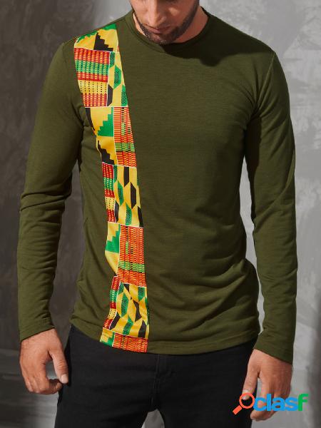 T-shirt com costura masculina casual patchwork com estampa