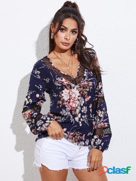 YOINS Navy Random Floral Fishnet Patchwork com decote em V