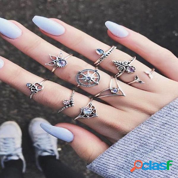 9 Peças Conjunto Vintage Boêmico Feminino de Anel