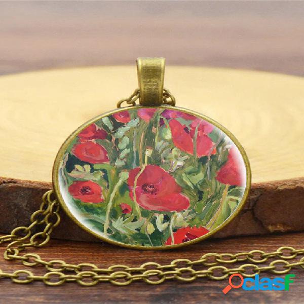 Colar feminino com estampa de vidro vintage vermelho floral