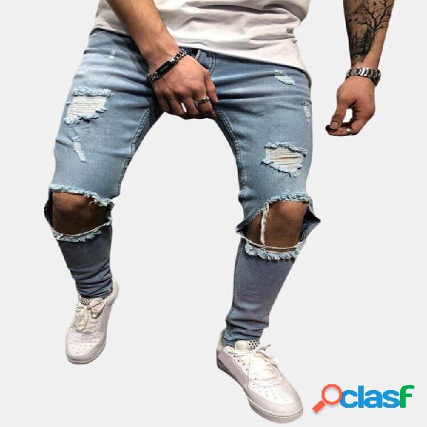 Hip-Hop Joelho Big Hole Skinny Fashion Jeans para Homens